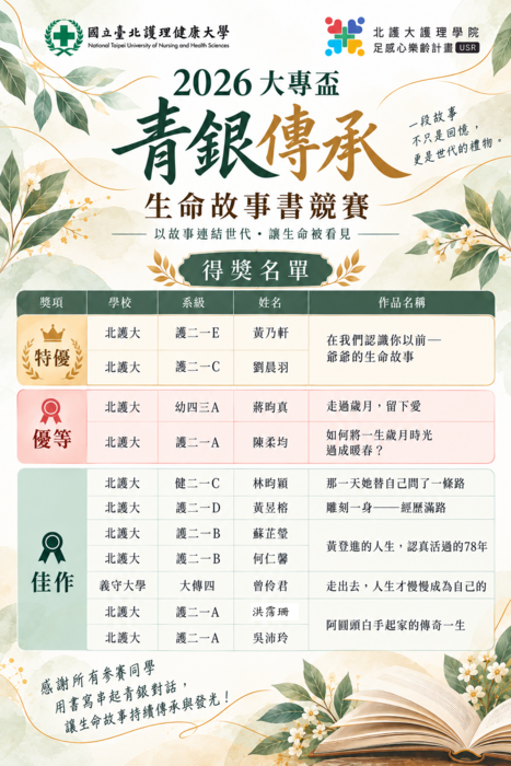 「2026大專盃～青銀傳 承：生命故事書競賽」得獎公告，預定於本年度11月份進行頒獎，時間與地點另行通知。圖片